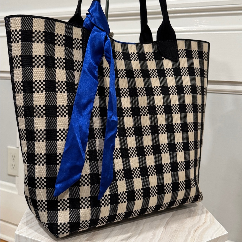 Rothy's Black and Cream Checkered Canvas Tote with Blue Scarf Accent